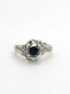1760: Vintage: 9ct White Gold Black Diamond White Diamonds Halo Ring-Exquisite