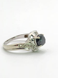 1760: Vintage: 9ct White Gold Black Diamond White Diamonds Halo Ring-Exquisite