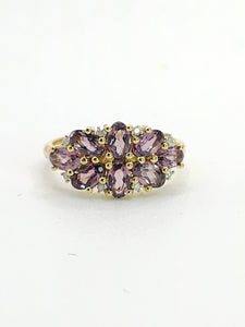 1757:   Vintage; 9ct Gold Lilac Amethysts Diamonds Cluster Ring