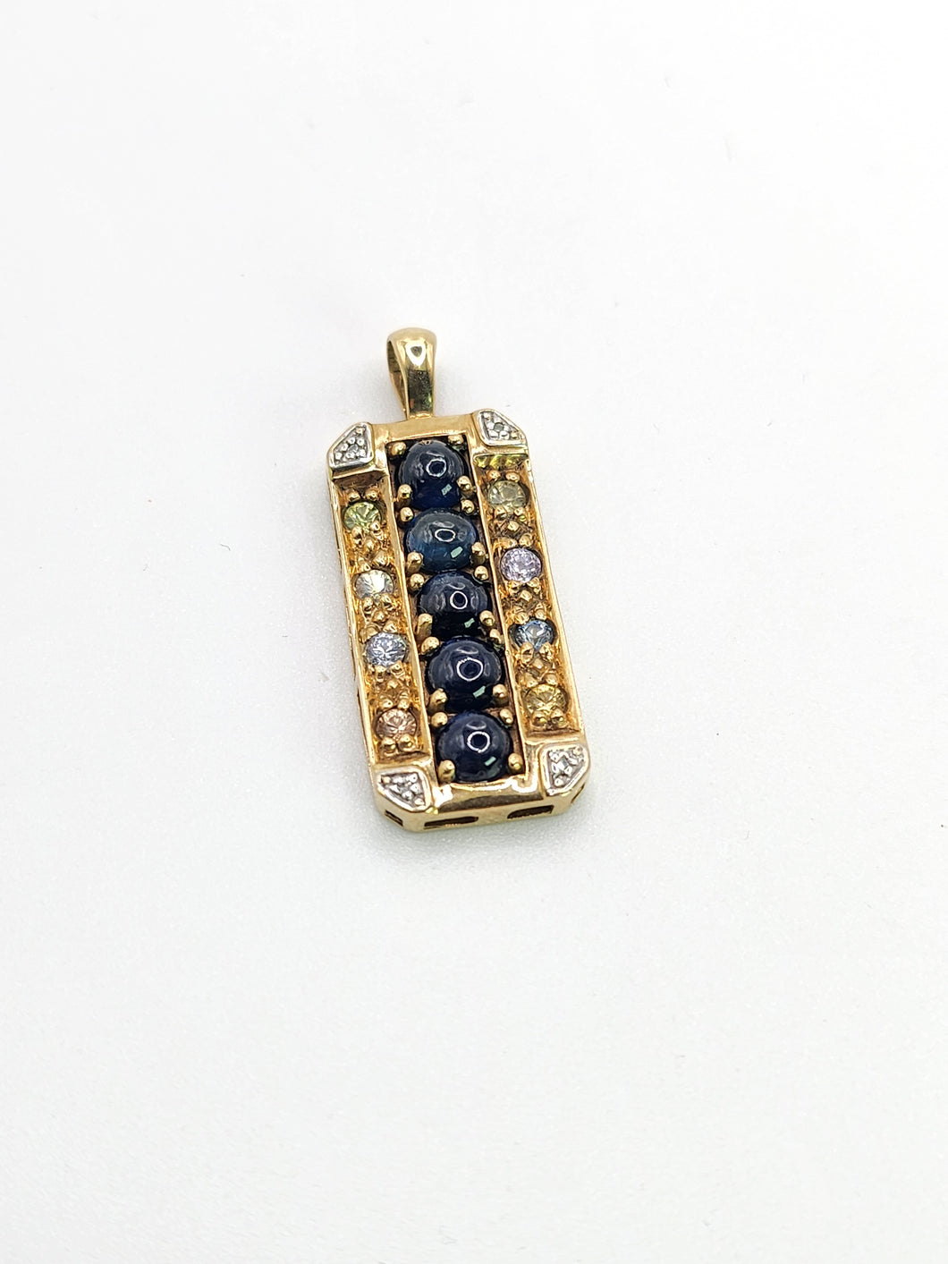 1777: Vintage: Heavy 9ct Gold Sapphires Diamonds Topaz Ingot Pendant- lovely symmetry