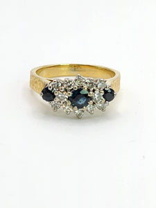 1802: Vintage: 18ct Gold French Blue Sapphirea Diamonds Trilogy Ring - a substantial sparkling beauty.