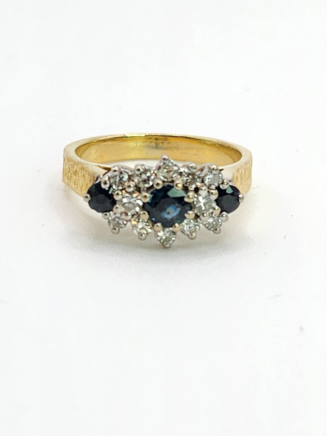 1802: Vintage: 18ct Gold French Blue Sapphirea Diamonds Trilogy Ring - a substantial sparkling beauty.