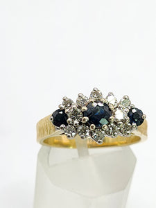 1802: Vintage: 18ct Gold French Blue Sapphirea Diamonds Trilogy Ring - a substantial sparkling beauty.