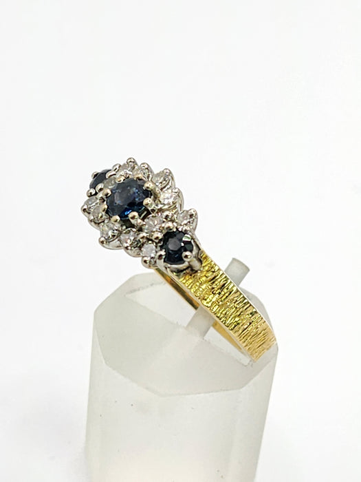 1802: Vintage: 18ct Gold French Blue Sapphirea Diamonds Trilogy Ring - a substantial sparkling beauty.