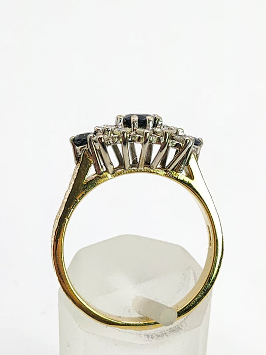 1802: Vintage: 18ct Gold French Blue Sapphirea Diamonds Trilogy Ring - a substantial sparkling beauty.