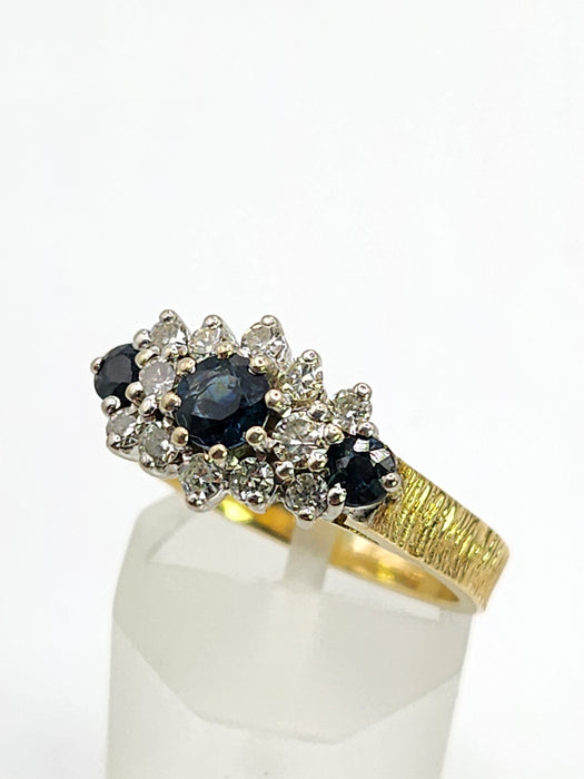 1802: Vintage: 18ct Gold French Blue Sapphirea Diamonds Trilogy Ring - a substantial sparkling beauty.