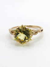 Load image into Gallery viewer, 1776: Vintage: 9ct Gold Peridot 24 Diamonds Cocktail Ring- lovely cut and colour
