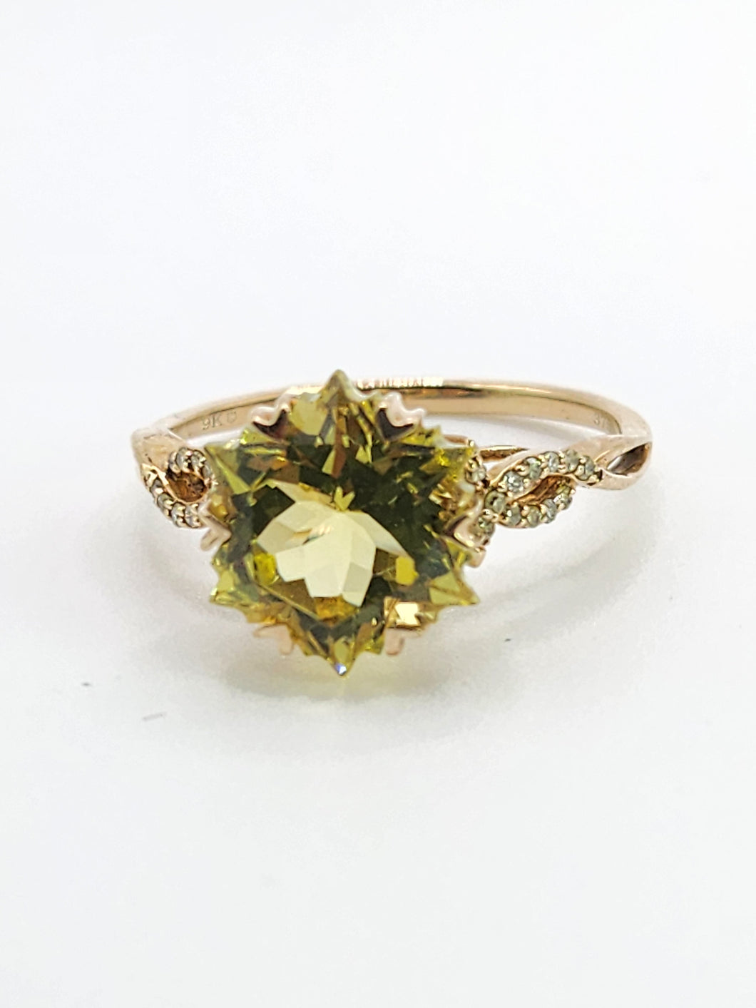 1776: Vintage: 9ct Gold Peridot 24 Diamonds Cocktail Ring- lovely cut and colour