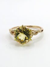 Load image into Gallery viewer, 1776: Vintage: 9ct Gold Peridot 24 Diamonds Cocktail Ring- lovely cut and colour
