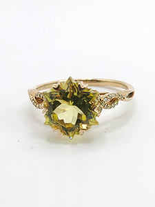 1776: Vintage: 9ct Gold Peridot 24 Diamonds Cocktail Ring- lovely cut and colour