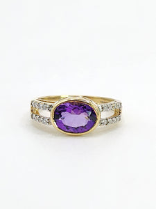 1031: Vintage 9ct Gold Amethyst Diamonds Openwork Dress Ring- sparkling design