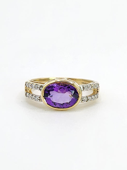 Vintage: 9ct Gold Amethyst & Diamond Openwork Dress Ring