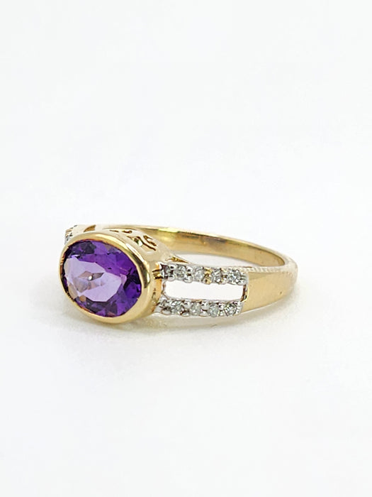 Vintage: 9ct Gold Amethyst & Diamond Openwork Dress Ring