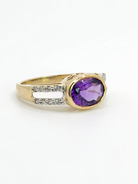 Vintage: 9ct Gold Amethyst & Diamond Openwork Dress Ring