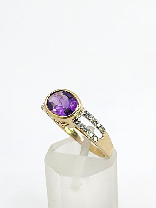 Vintage: 9ct Gold Amethyst & Diamond Openwork Dress Ring