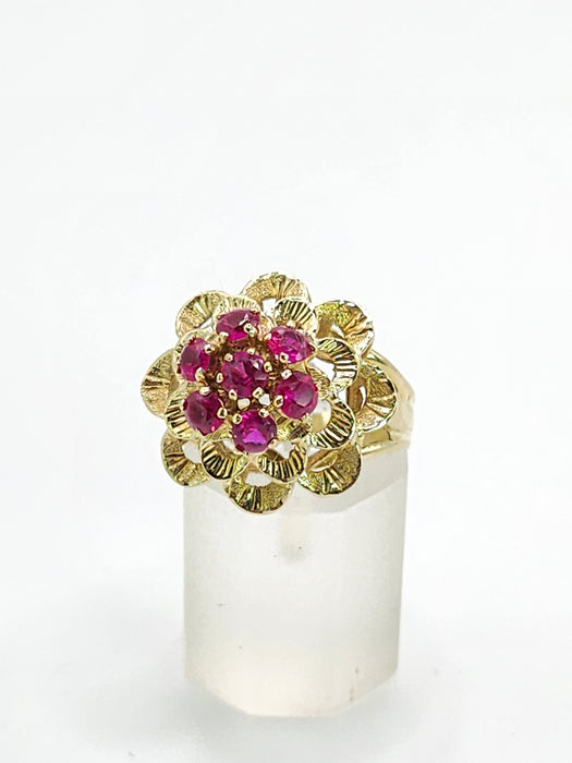 1484 Vintage: 14ct Yellow Gold Ruby Floral Cluster Ring