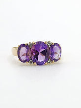 Load image into Gallery viewer, 1665: Vintage; 14ct Gold Amethysts Diamonds Trilogy Ring- voluptuous beauty
