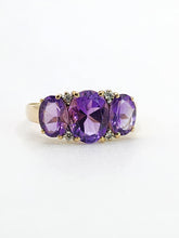 Load image into Gallery viewer, 1665: Vintage; 14ct Gold Amethysts Diamonds Trilogy Ring- voluptuous beauty
