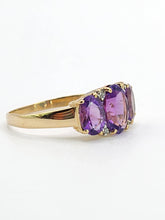 Load image into Gallery viewer, 1665: Vintage; 14ct Gold Amethysts Diamonds Trilogy Ring- voluptuous beauty
