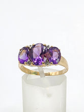 Load image into Gallery viewer, 1665: Vintage; 14ct Gold Amethysts Diamonds Trilogy Ring- voluptuous beauty
