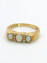 Load image into Gallery viewer, 1683: Vintage: 18ct Gold Vivid White Opals Trilogy Diamonds Dress Ring- reassuring weight
