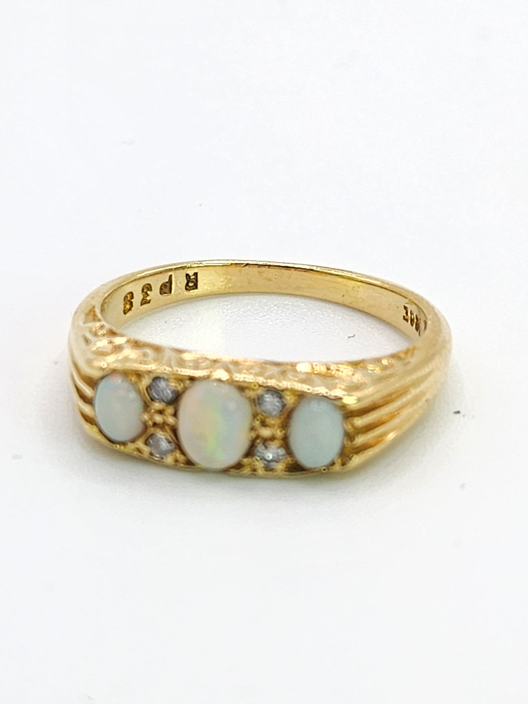 1683: Vintage: 18ct Gold Vivid White Opals Trilogy Diamonds Dress Ring- reassuring weight