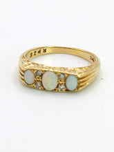 Load image into Gallery viewer, 1683: Vintage: 18ct Gold Vivid White Opals Trilogy Diamonds Dress Ring- reassuring weight
