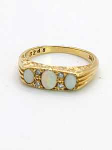 1683: Vintage: 18ct Gold Vivid White Opals Trilogy Diamonds Dress Ring- reassuring weight