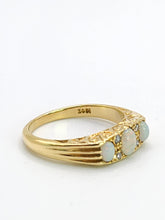 Load image into Gallery viewer, 1683: Vintage: 18ct Gold Vivid White Opals Trilogy Diamonds Dress Ring- reassuring weight
