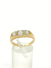Load image into Gallery viewer, 1683: Vintage: 18ct Gold Vivid White Opals Trilogy Diamonds Dress Ring- reassuring weight

