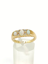Load image into Gallery viewer, 1683: Vintage: 18ct Gold Vivid White Opals Trilogy Diamonds Dress Ring- reassuring weight
