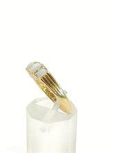 Load image into Gallery viewer, 1683: Vintage: 18ct Gold Vivid White Opals Trilogy Diamonds Dress Ring- reassuring weight
