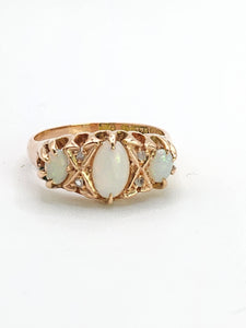 1756: Antique: 9ct Rose Gold Vivid White Opals Diamonds Boat Ring- From 1912