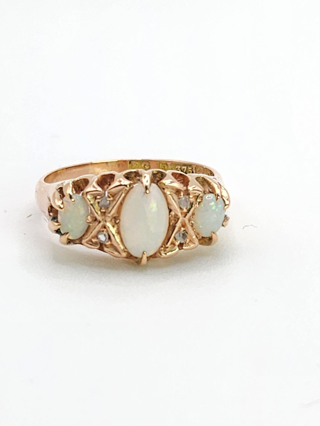 1756: Antique: 9ct Rose Gold Vivid White Opals Diamonds Boat Ring- From 1912