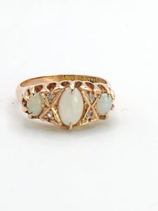 1756: Antique: 9ct Rose Gold Vivid White Opals Diamonds Boat Ring- From 1912