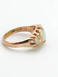 1756: Antique: 9ct Rose Gold Vivid White Opals Diamonds Boat Ring- From 1912