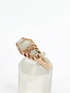 1756: Antique: 9ct Rose Gold Vivid White Opals Diamonds Boat Ring- From 1912