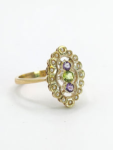 0662: Vintage: 9ct Gold Amethyst, Peridot, Pearls Suffragette Homage  Ring