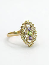 Load image into Gallery viewer, 0662: Vintage: 9ct Gold Amethyst, Peridot, Pearls Suffragette Homage  Ring
