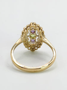 0662: Vintage: 9ct Gold Amethyst, Peridot, Pearls Suffragette Homage  Ring