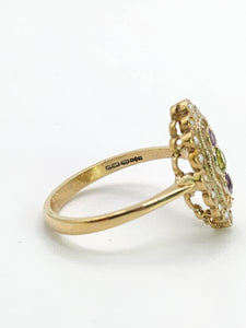 0662: Vintage: 9ct Gold Amethyst, Peridot, Pearls Suffragette Homage  Ring