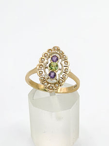 0662: Vintage: 9ct Gold Amethyst, Peridot, Pearls Suffragette Homage  Ring