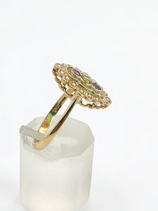 0662: Vintage: 9ct Gold Amethyst, Peridot, Pearls Suffragette Homage  Ring