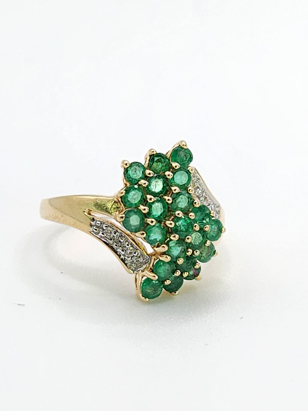 1789: Vintage: 9ct Gold Emeralds Diamonds Cocktail Ring- Thrilling