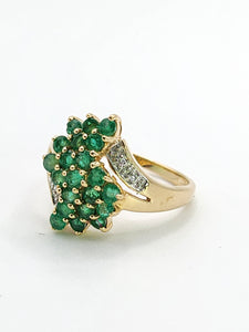 1789: Vintage: 9ct Gold Emeralds Diamonds Cocktail Ring- Thrilling