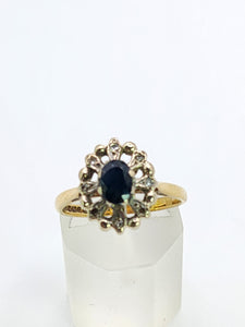 1798: Vintage: 9ct Gold Blue Sapphire Diamonds Cluster Ring- very fine example