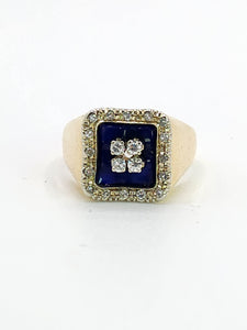 1620: Vintage; 18ct Gold Blue Enamel Diamonds Art Deco Style Signet Ring- Heavy, sparkling statement piece.