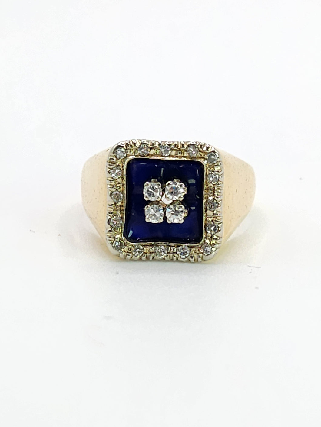 1620: Vintage; 18ct Gold Blue Enamel Diamonds Art Deco Style Signet Ring- Heavy, sparkling statement piece.