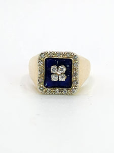 1620: Vintage; 18ct Gold Blue Enamel Diamonds Art Deco Style Signet Ring- Heavy, sparkling statement piece.