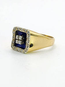 1620: Vintage; 18ct Gold Blue Enamel Diamonds Art Deco Style Signet Ring- Heavy, sparkling statement piece.